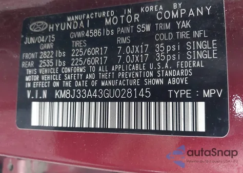 2016 Hyundai Tucson Se из США, поврежденный, VIN KM8J33A43GU028145